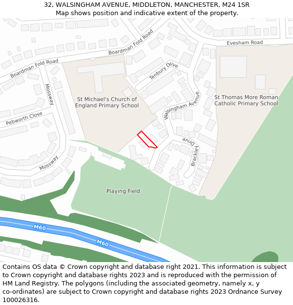 32, WALSINGHAM AVENUE, MIDDLETON, MANCHESTER, M24 1SR: Location map and indicative extent of plot