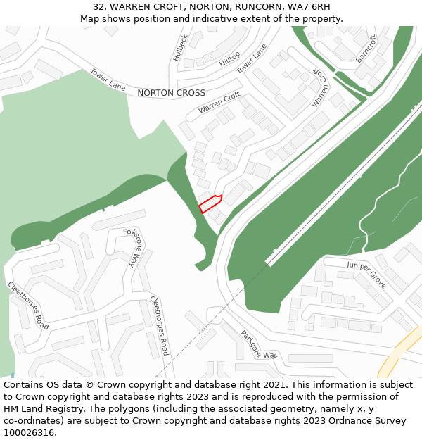 32, WARREN CROFT, NORTON, RUNCORN, WA7 6RH: Location map and indicative extent of plot