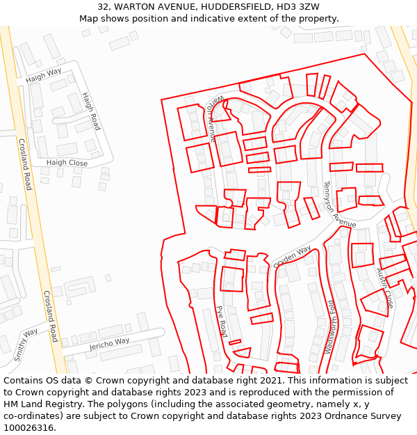 32, WARTON AVENUE, HUDDERSFIELD, HD3 3ZW: Location map and indicative extent of plot