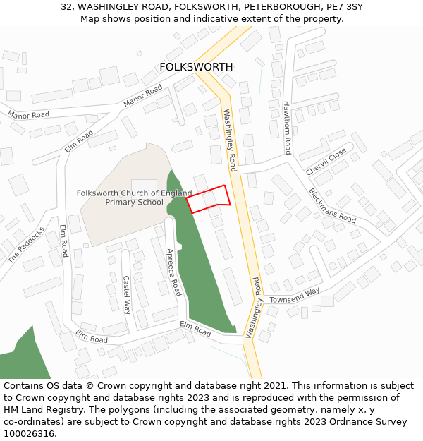 32, WASHINGLEY ROAD, FOLKSWORTH, PETERBOROUGH, PE7 3SY: Location map and indicative extent of plot