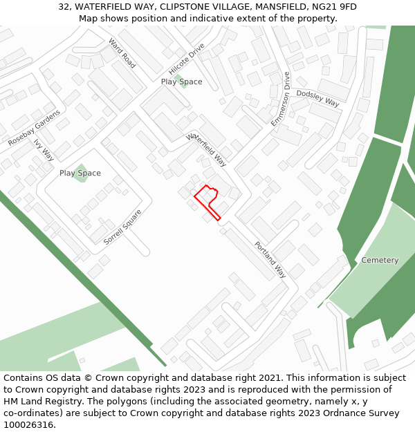 32, WATERFIELD WAY, CLIPSTONE VILLAGE, MANSFIELD, NG21 9FD: Location map and indicative extent of plot