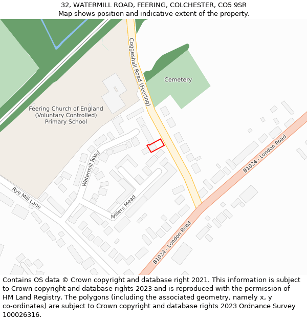 32, WATERMILL ROAD, FEERING, COLCHESTER, CO5 9SR: Location map and indicative extent of plot