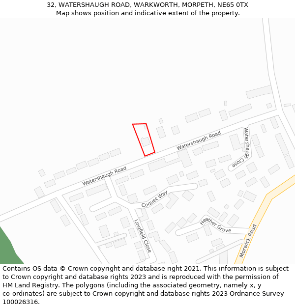 32, WATERSHAUGH ROAD, WARKWORTH, MORPETH, NE65 0TX: Location map and indicative extent of plot