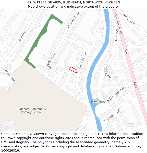 32, WATERSIDE VIEW, RUDHEATH, NORTHWICH, CW9 7EG: Location map and indicative extent of plot