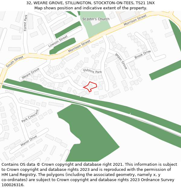 32, WEARE GROVE, STILLINGTON, STOCKTON-ON-TEES, TS21 1NX: Location map and indicative extent of plot