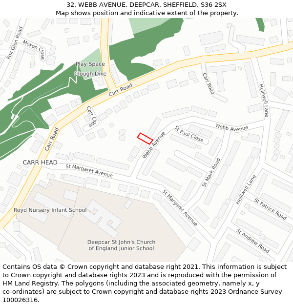 32, WEBB AVENUE, DEEPCAR, SHEFFIELD, S36 2SX: Location map and indicative extent of plot