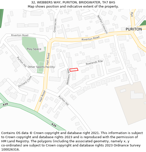 32, WEBBERS WAY, PURITON, BRIDGWATER, TA7 8AS: Location map and indicative extent of plot
