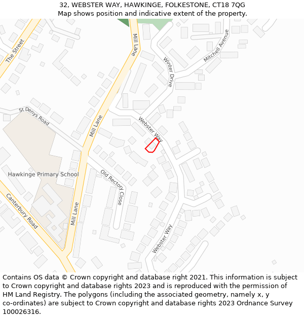 32, WEBSTER WAY, HAWKINGE, FOLKESTONE, CT18 7QG: Location map and indicative extent of plot