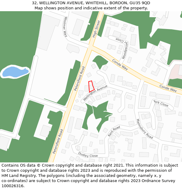 32, WELLINGTON AVENUE, WHITEHILL, BORDON, GU35 9QD: Location map and indicative extent of plot