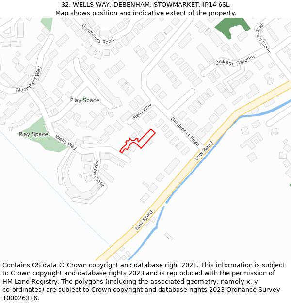 32, WELLS WAY, DEBENHAM, STOWMARKET, IP14 6SL: Location map and indicative extent of plot