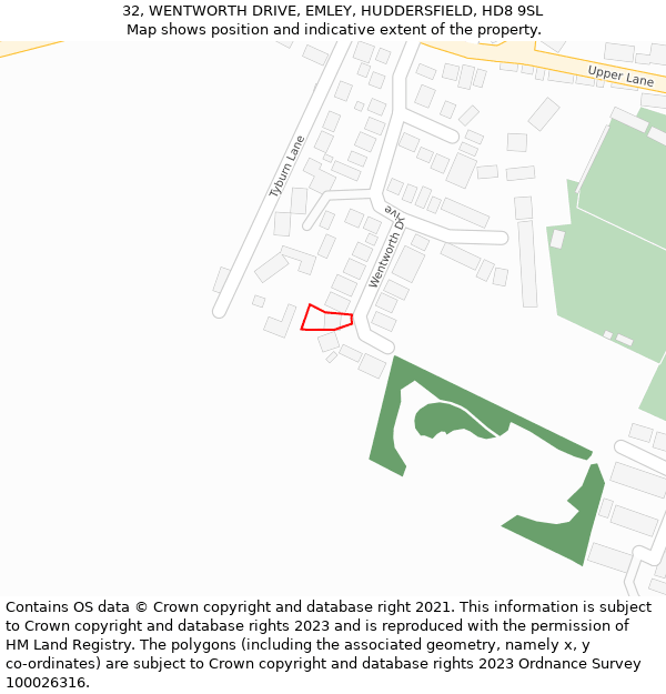 32, WENTWORTH DRIVE, EMLEY, HUDDERSFIELD, HD8 9SL: Location map and indicative extent of plot