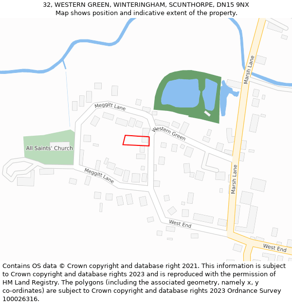 32, WESTERN GREEN, WINTERINGHAM, SCUNTHORPE, DN15 9NX: Location map and indicative extent of plot