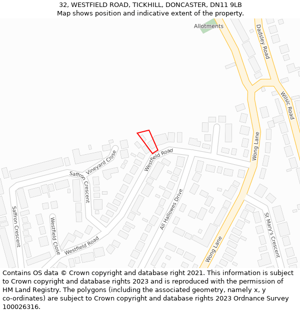 32, WESTFIELD ROAD, TICKHILL, DONCASTER, DN11 9LB: Location map and indicative extent of plot