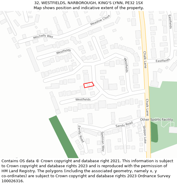 32, WESTFIELDS, NARBOROUGH, KING'S LYNN, PE32 1SX: Location map and indicative extent of plot