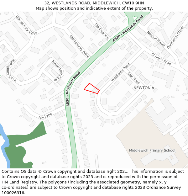 32, WESTLANDS ROAD, MIDDLEWICH, CW10 9HN: Location map and indicative extent of plot