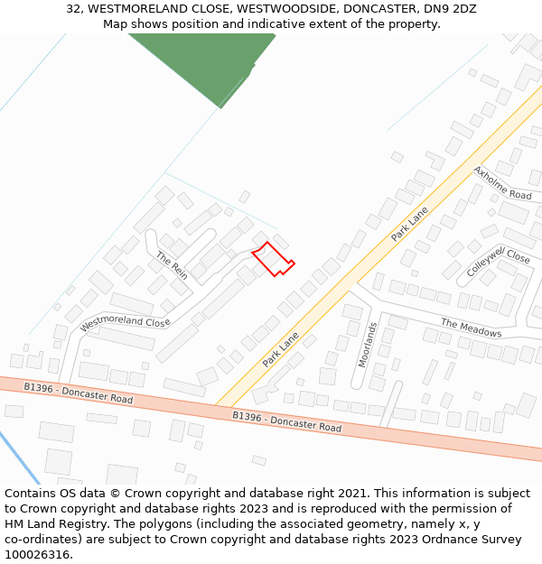 32, WESTMORELAND CLOSE, WESTWOODSIDE, DONCASTER, DN9 2DZ: Location map and indicative extent of plot