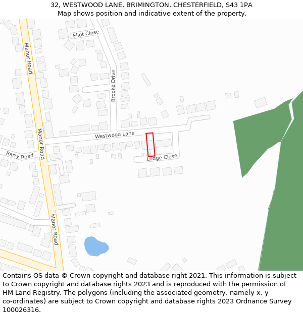 32, WESTWOOD LANE, BRIMINGTON, CHESTERFIELD, S43 1PA: Location map and indicative extent of plot
