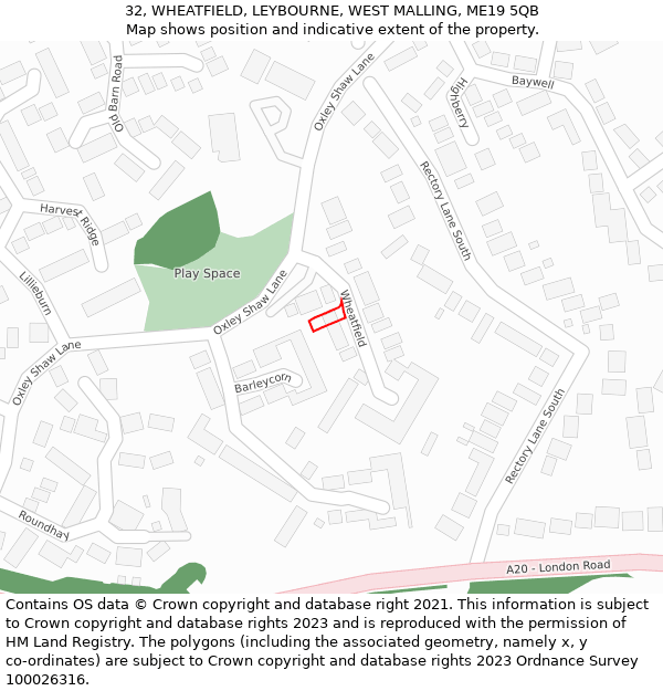 32, WHEATFIELD, LEYBOURNE, WEST MALLING, ME19 5QB: Location map and indicative extent of plot