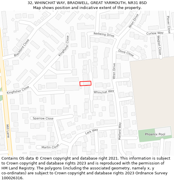 32, WHINCHAT WAY, BRADWELL, GREAT YARMOUTH, NR31 8SD: Location map and indicative extent of plot