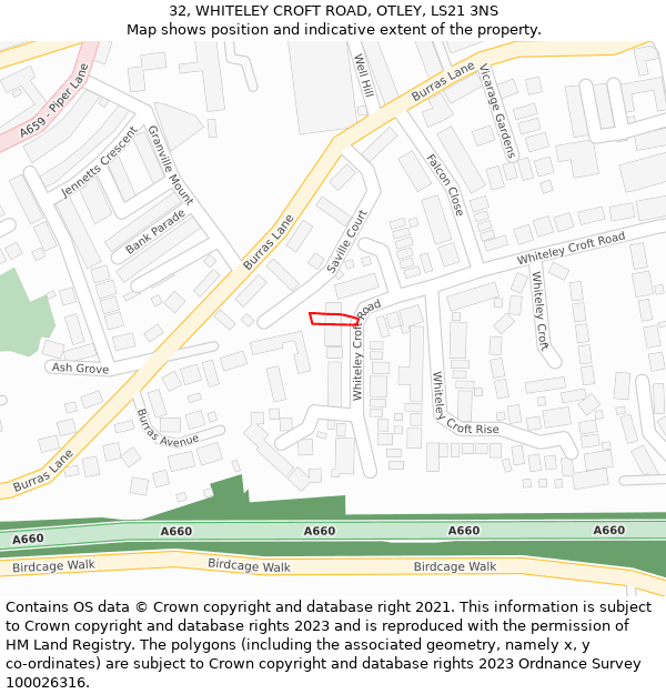 32, WHITELEY CROFT ROAD, OTLEY, LS21 3NS: Location map and indicative extent of plot