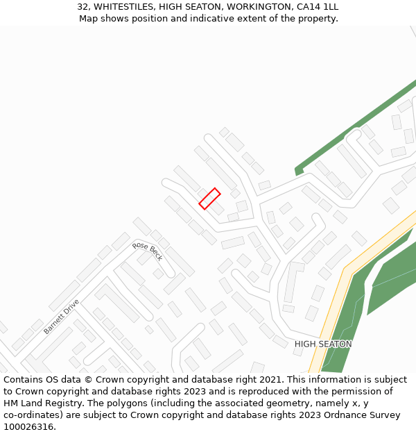 32, WHITESTILES, HIGH SEATON, WORKINGTON, CA14 1LL: Location map and indicative extent of plot