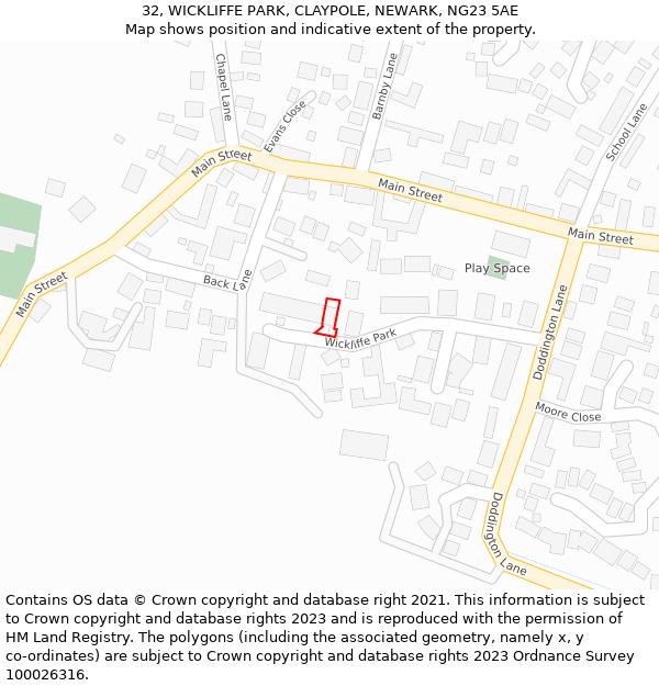 32, WICKLIFFE PARK, CLAYPOLE, NEWARK, NG23 5AE: Location map and indicative extent of plot