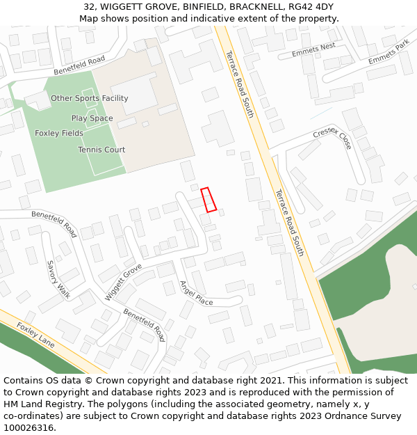 32, WIGGETT GROVE, BINFIELD, BRACKNELL, RG42 4DY: Location map and indicative extent of plot