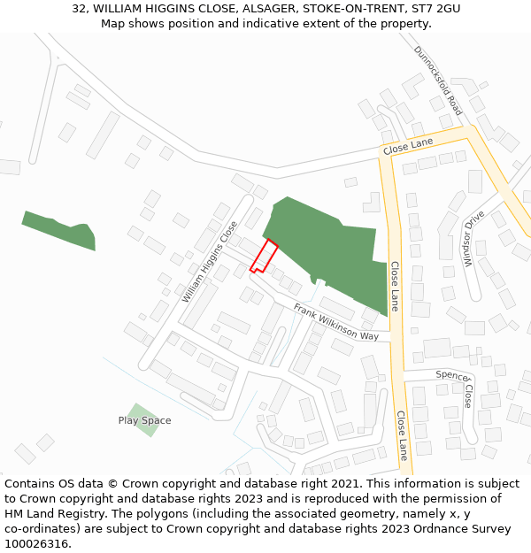 32, WILLIAM HIGGINS CLOSE, ALSAGER, STOKE-ON-TRENT, ST7 2GU: Location map and indicative extent of plot