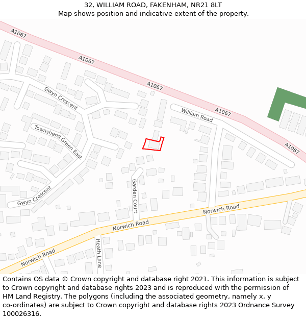 32, WILLIAM ROAD, FAKENHAM, NR21 8LT: Location map and indicative extent of plot