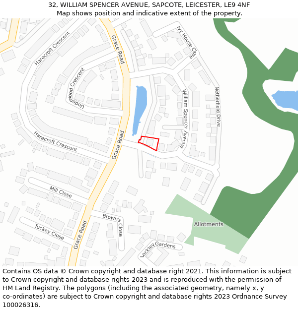 32, WILLIAM SPENCER AVENUE, SAPCOTE, LEICESTER, LE9 4NF: Location map and indicative extent of plot