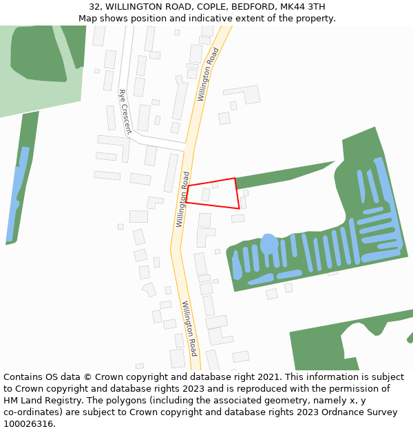 32, WILLINGTON ROAD, COPLE, BEDFORD, MK44 3TH: Location map and indicative extent of plot