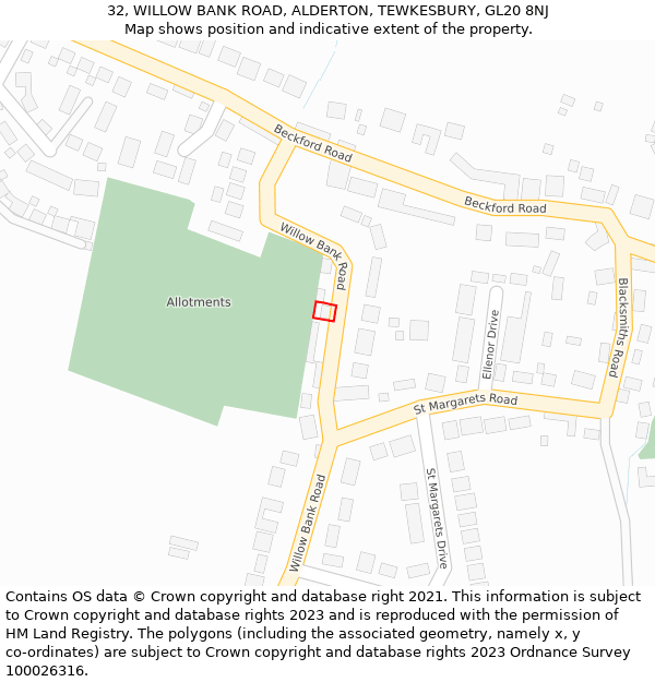 32, WILLOW BANK ROAD, ALDERTON, TEWKESBURY, GL20 8NJ: Location map and indicative extent of plot