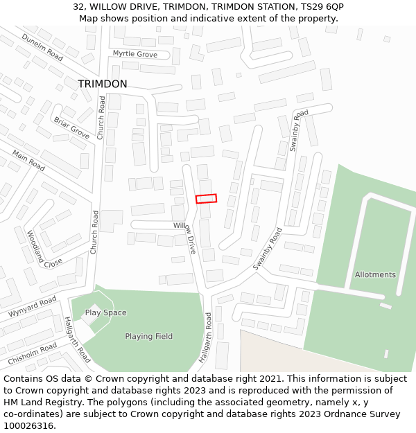 32, WILLOW DRIVE, TRIMDON, TRIMDON STATION, TS29 6QP: Location map and indicative extent of plot