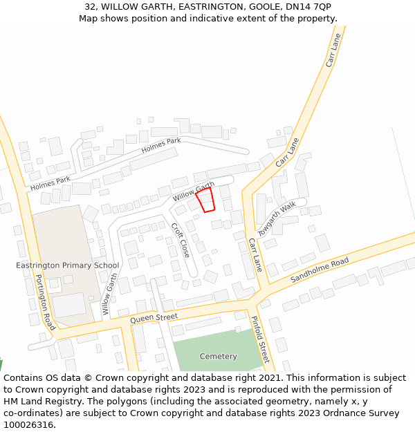 32, WILLOW GARTH, EASTRINGTON, GOOLE, DN14 7QP: Location map and indicative extent of plot