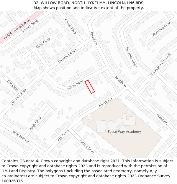 32, WILLOW ROAD, NORTH HYKEHAM, LINCOLN, LN6 8DS: Location map and indicative extent of plot