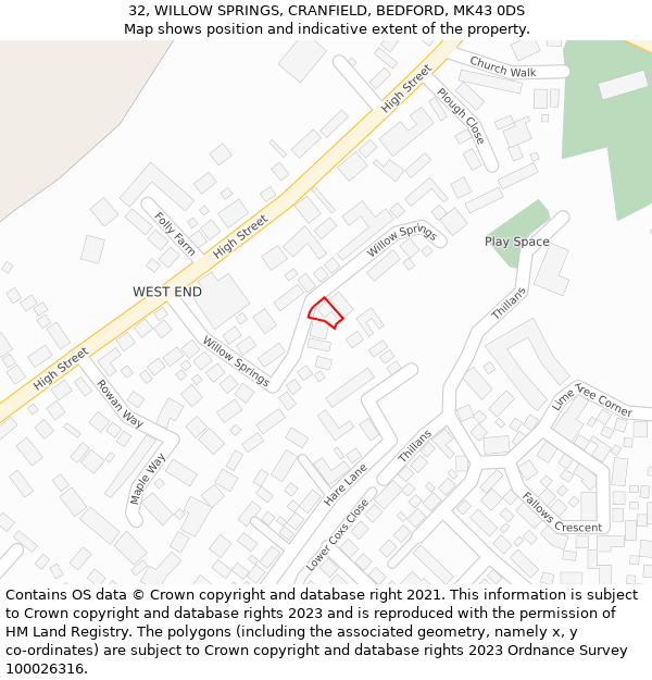 32, WILLOW SPRINGS, CRANFIELD, BEDFORD, MK43 0DS: Location map and indicative extent of plot