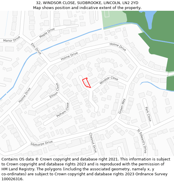 32, WINDSOR CLOSE, SUDBROOKE, LINCOLN, LN2 2YD: Location map and indicative extent of plot