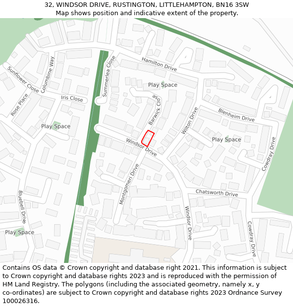 32, WINDSOR DRIVE, RUSTINGTON, LITTLEHAMPTON, BN16 3SW: Location map and indicative extent of plot