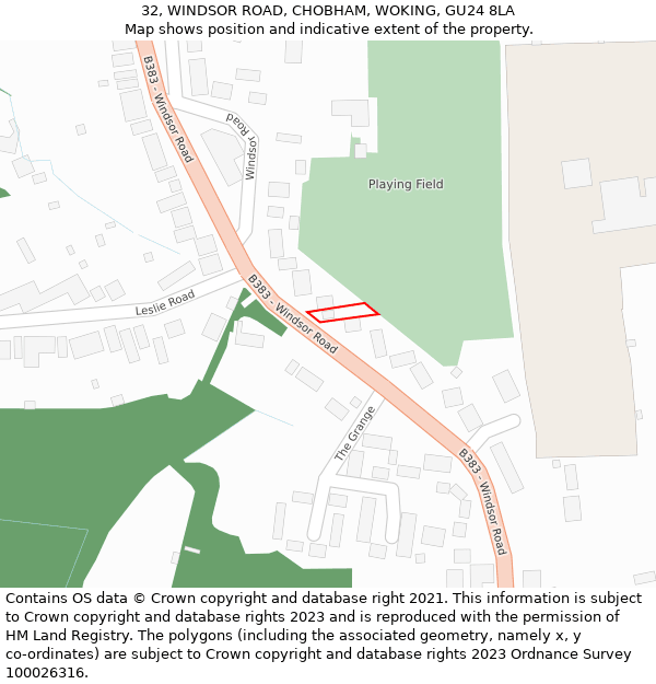 32, WINDSOR ROAD, CHOBHAM, WOKING, GU24 8LA: Location map and indicative extent of plot