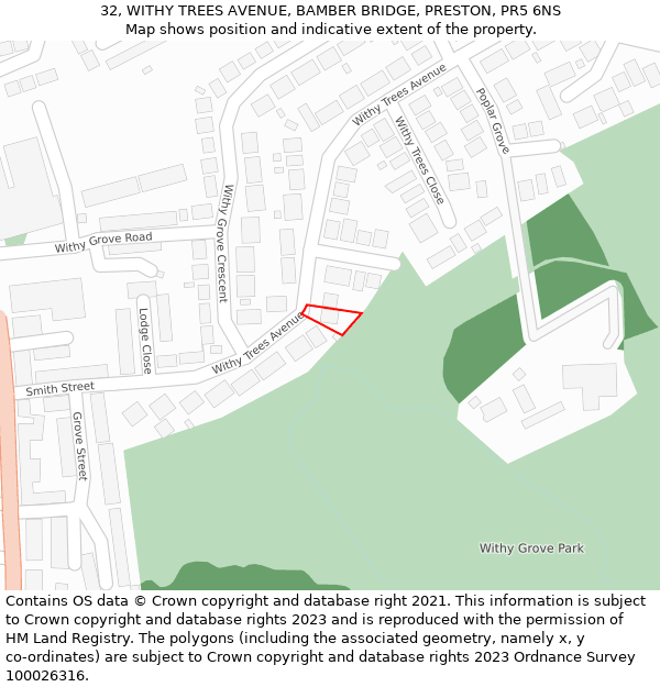 32, WITHY TREES AVENUE, BAMBER BRIDGE, PRESTON, PR5 6NS: Location map and indicative extent of plot