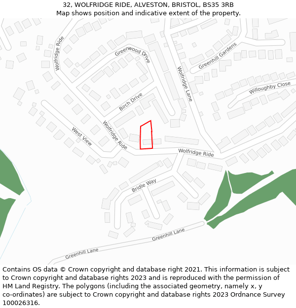 32, WOLFRIDGE RIDE, ALVESTON, BRISTOL, BS35 3RB: Location map and indicative extent of plot