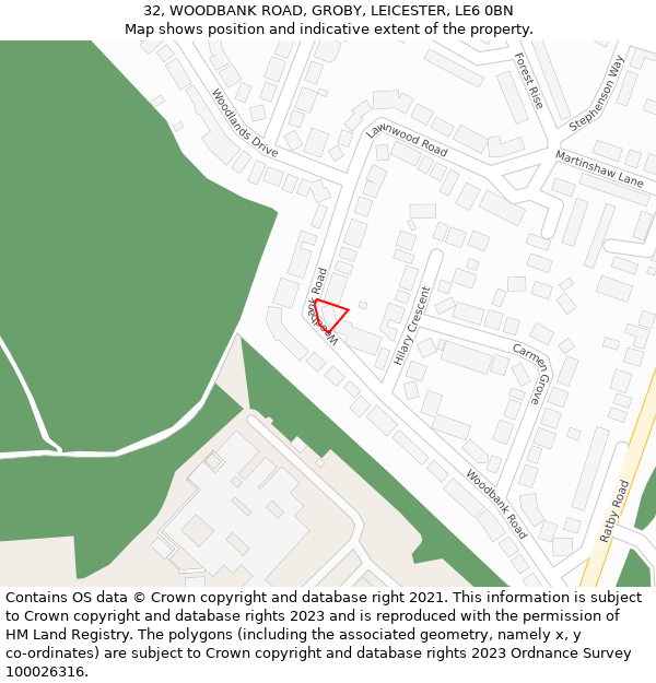 32, WOODBANK ROAD, GROBY, LEICESTER, LE6 0BN: Location map and indicative extent of plot