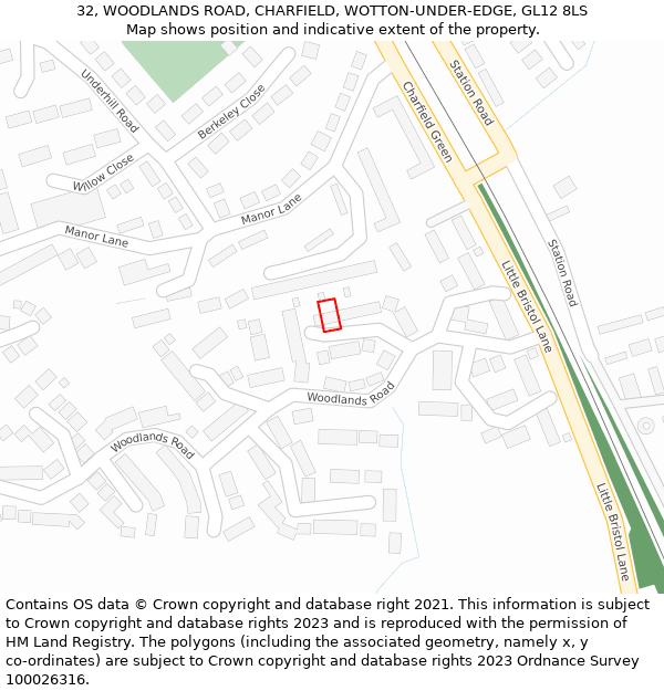 32, WOODLANDS ROAD, CHARFIELD, WOTTON-UNDER-EDGE, GL12 8LS: Location map and indicative extent of plot