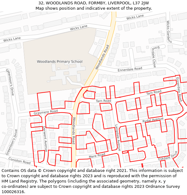 32, WOODLANDS ROAD, FORMBY, LIVERPOOL, L37 2JW: Location map and indicative extent of plot