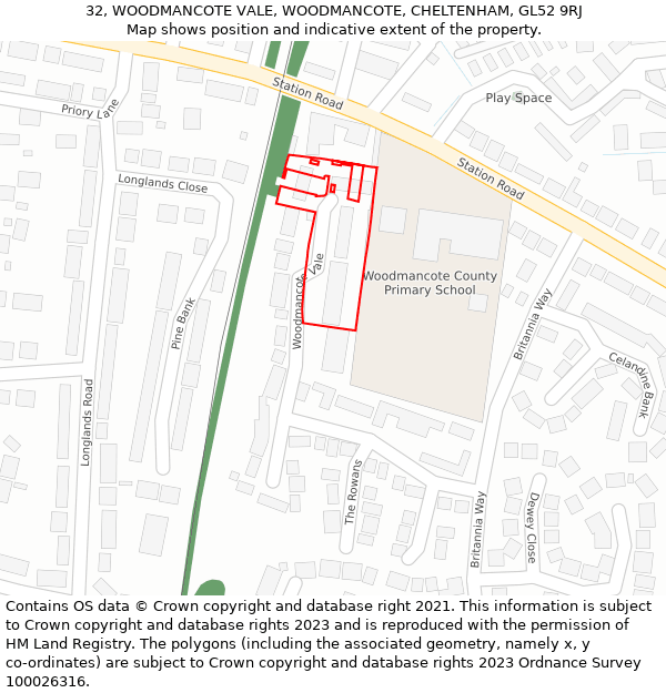 32, WOODMANCOTE VALE, WOODMANCOTE, CHELTENHAM, GL52 9RJ: Location map and indicative extent of plot