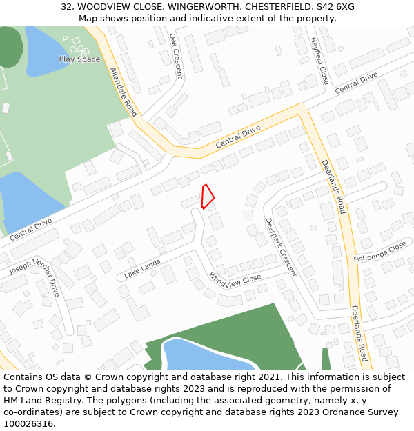 32, WOODVIEW CLOSE, WINGERWORTH, CHESTERFIELD, S42 6XG: Location map and indicative extent of plot