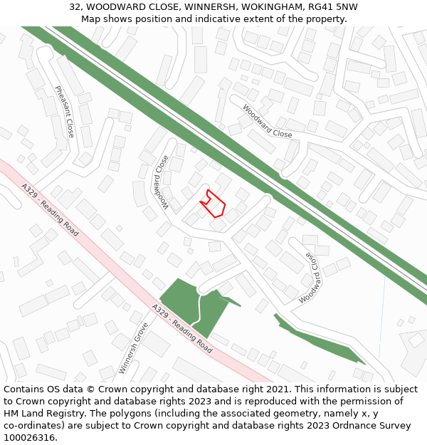 32, WOODWARD CLOSE, WINNERSH, WOKINGHAM, RG41 5NW: Location map and indicative extent of plot