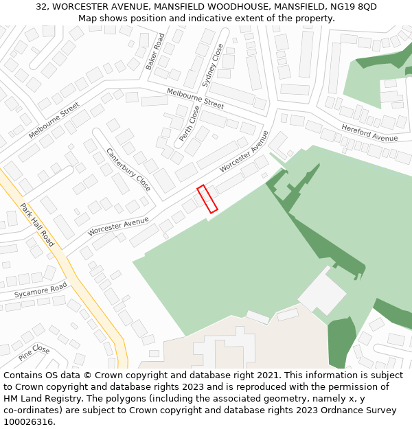 32, WORCESTER AVENUE, MANSFIELD WOODHOUSE, MANSFIELD, NG19 8QD: Location map and indicative extent of plot