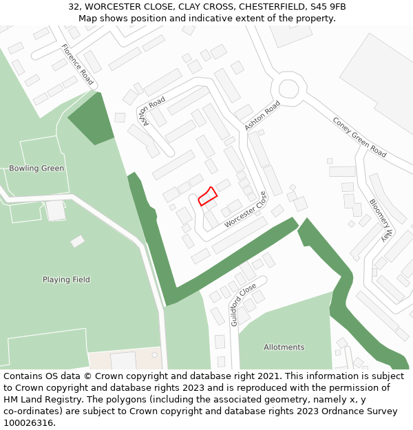 32, WORCESTER CLOSE, CLAY CROSS, CHESTERFIELD, S45 9FB: Location map and indicative extent of plot