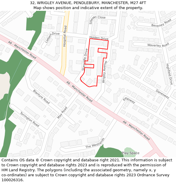 32, WRIGLEY AVENUE, PENDLEBURY, MANCHESTER, M27 4FT: Location map and indicative extent of plot